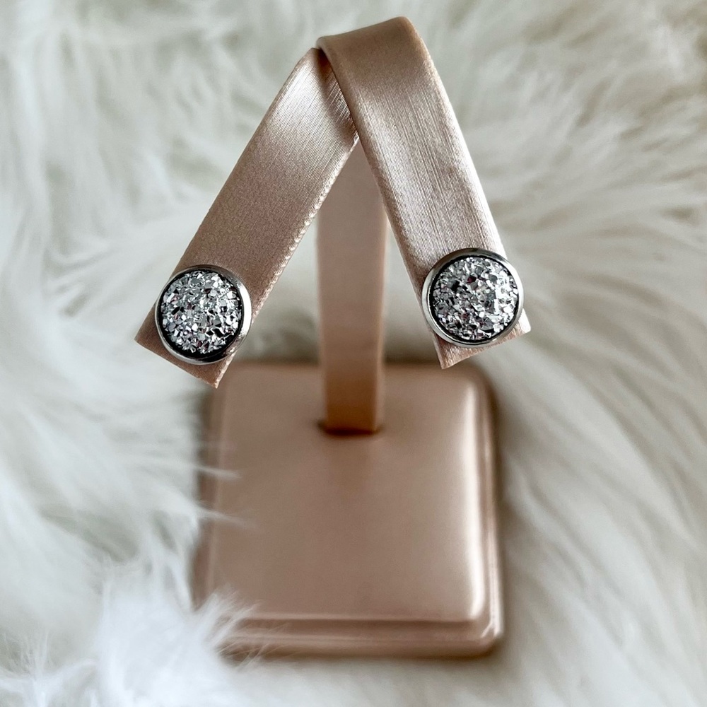 Metallic Silver Stainless Steel Druzy Stud Earrings